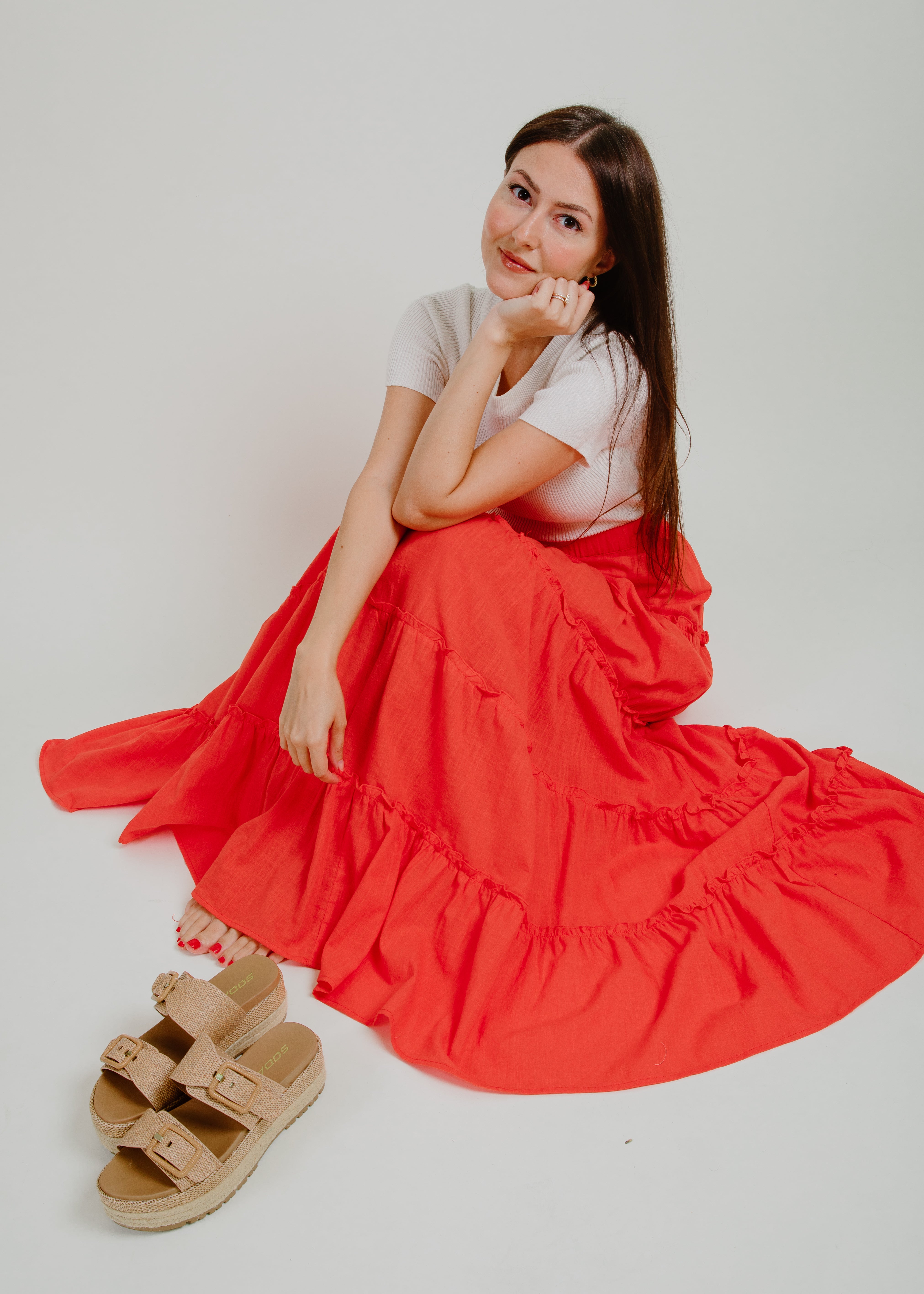 Ivy Tiered Maxi Skirt Red Vinnie Louise